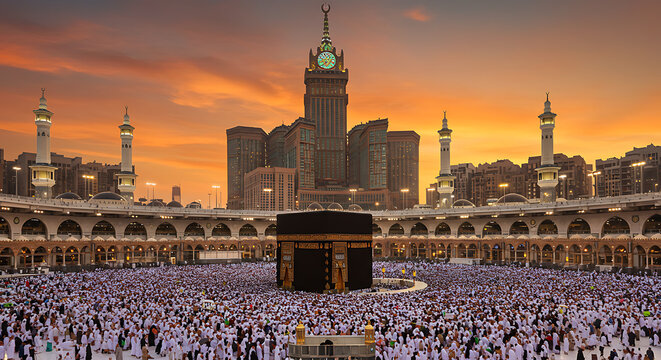 The Kaaba at Masjid al-Haram, Mecca, with the Clock Tower behind